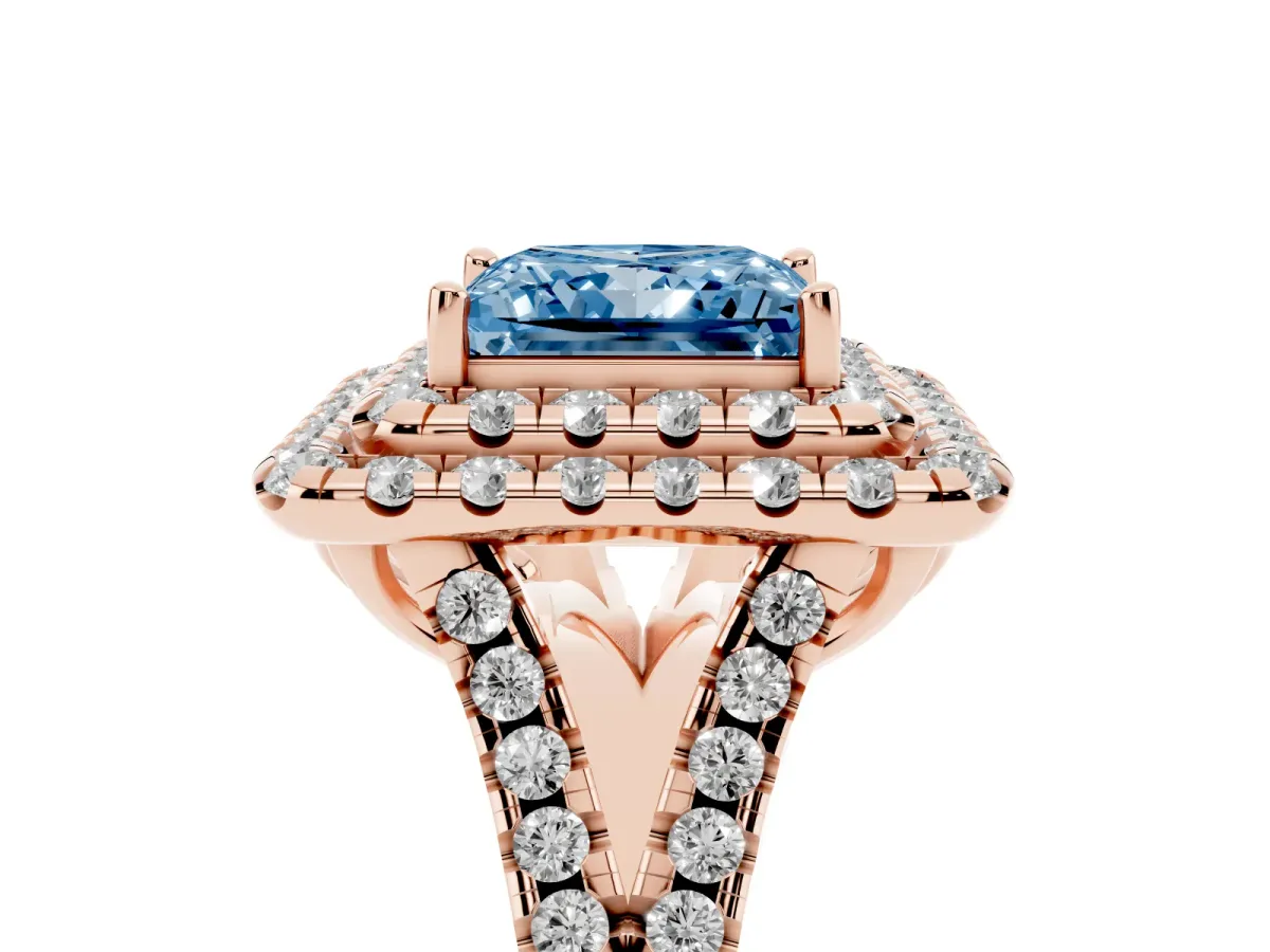 Fancy Blue Double Halo Princess Cut Diamond Pavé Split Shank Ring with Prong Setting Rose gold