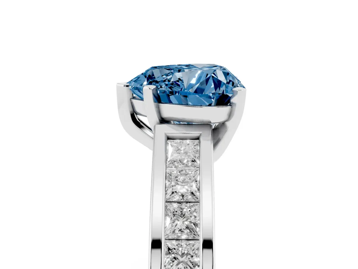 Fancy Blue Heart Cut Solitaire Diamond Ring with Channel-Set Band and Four-Prong Setting Silver