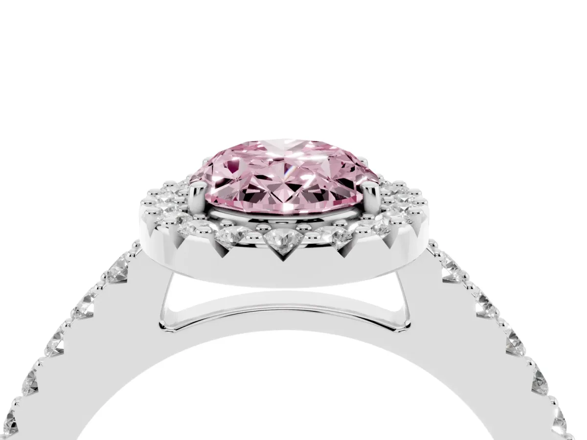 Fancy Pink Oval Cut Halo Diamond Pavé Solitaire Ring Silver