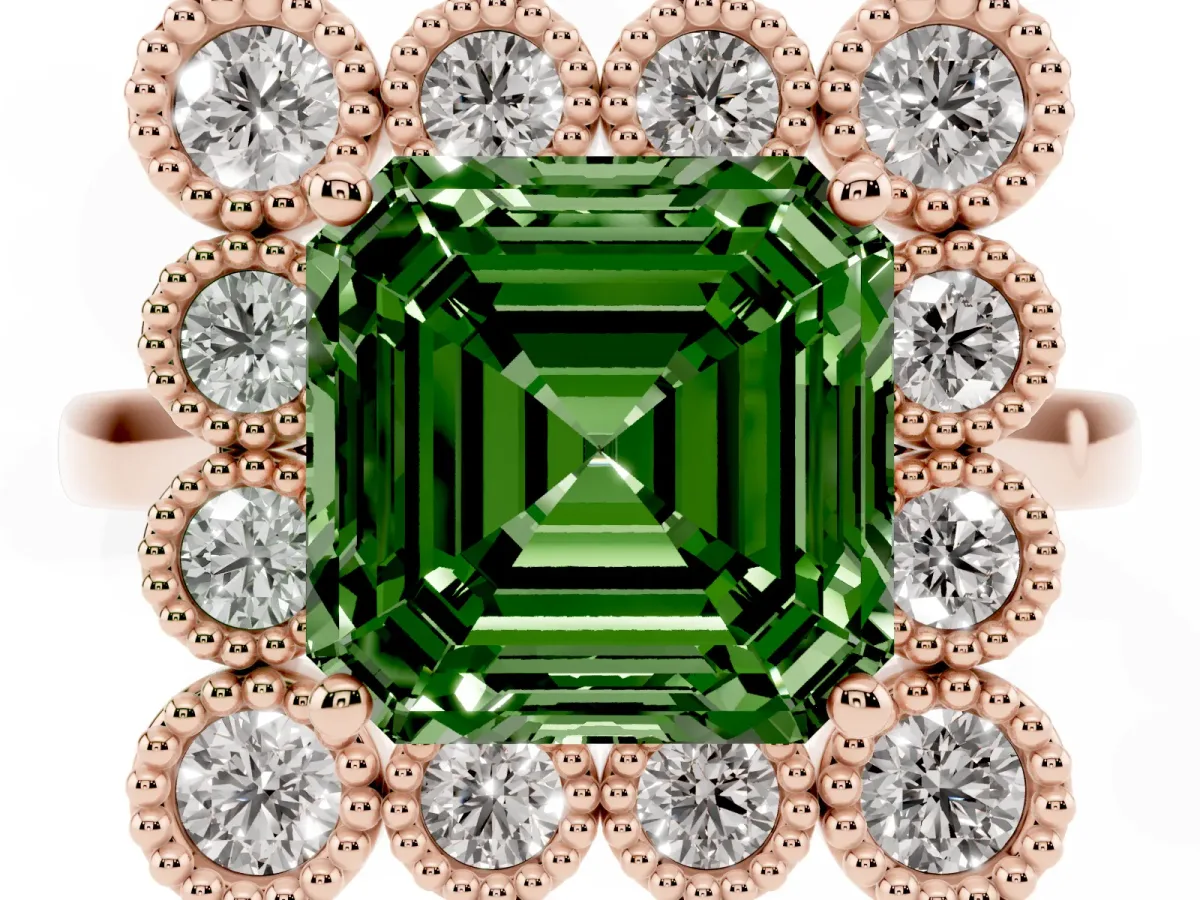 Fancy Green Asscher Cut Halo Diamond Cluster Engagement Ring with Milgrain Bezel Setting and Solitaire Band Rose gold
