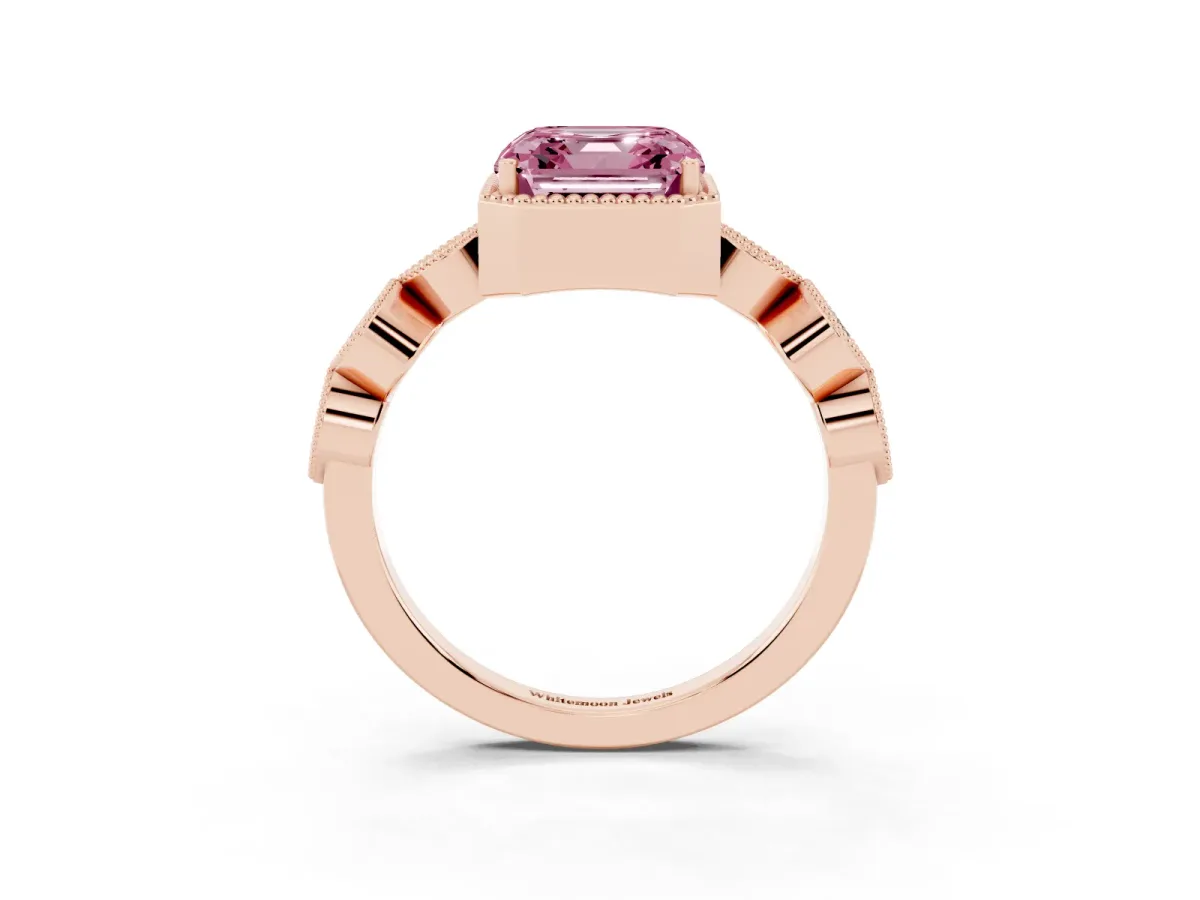 Fancy Pink Asscher Cut Diamond Vintage Milgrain Ring with Round Stations Rose gold