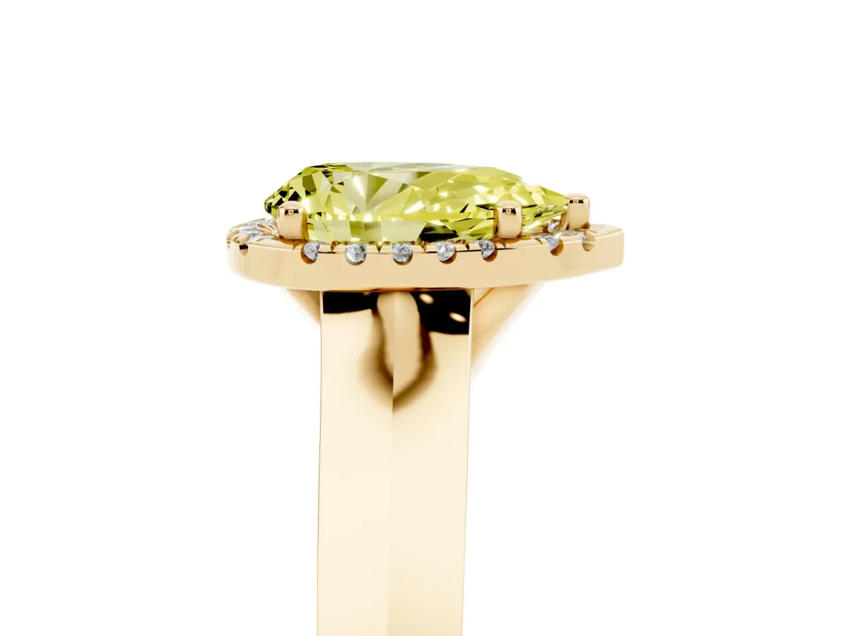 Fancy Yellow Pear Cut Halo Diamond Ring with Cathedral Band and Four-Prong Setting Yellow gold
