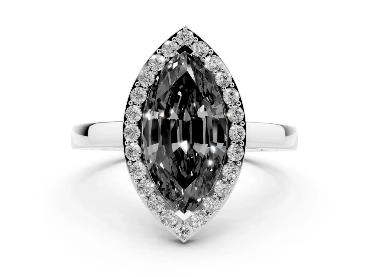 Fancy Black Marquise Cut Halo Diamond Ring with Solitaire Band and Prong Setting Platinum