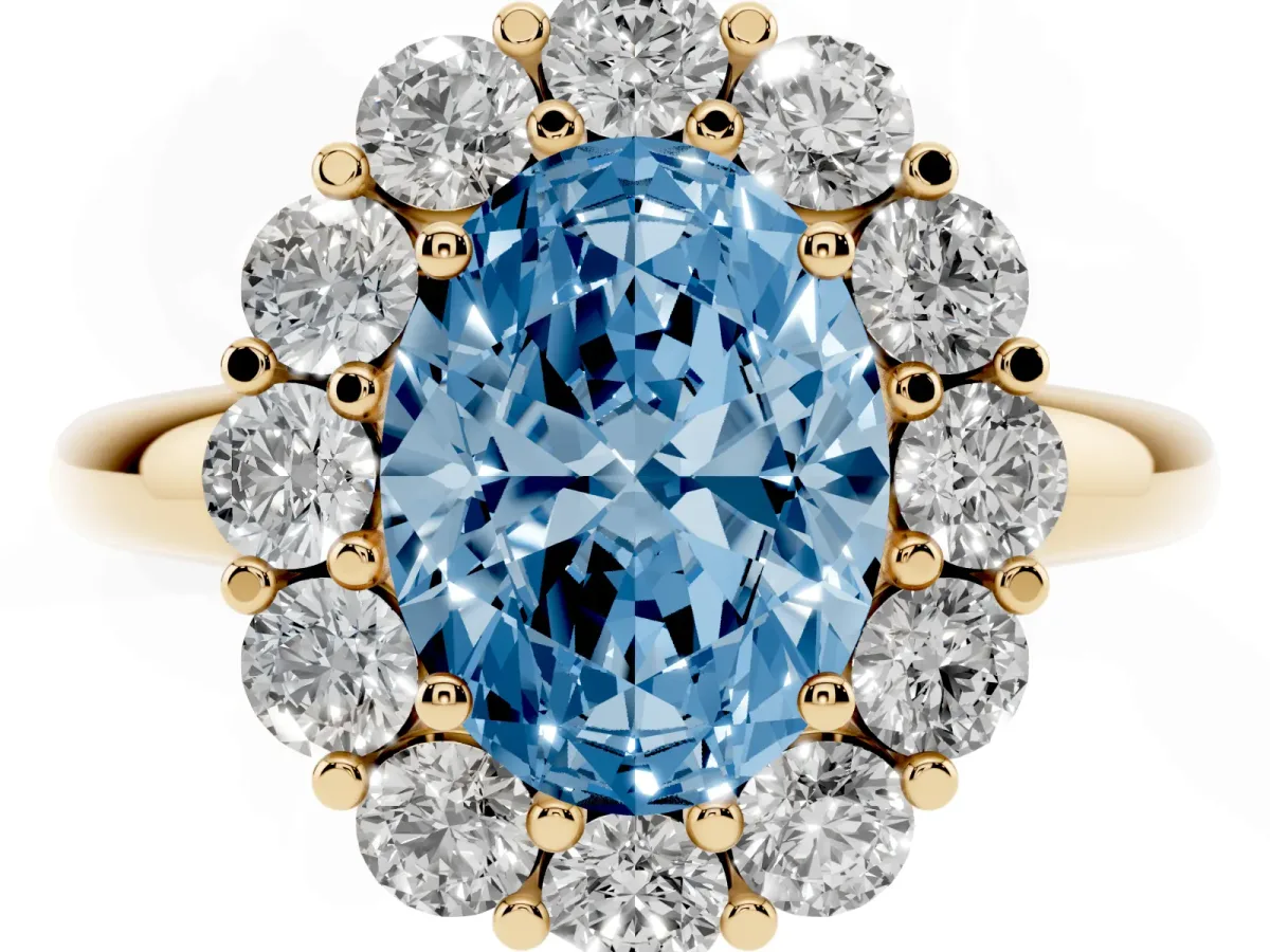 Fancy Blue Oval Cut Halo Cluster Diamond Engagement Ring with Prong Setting and Polished Band Yellow gold