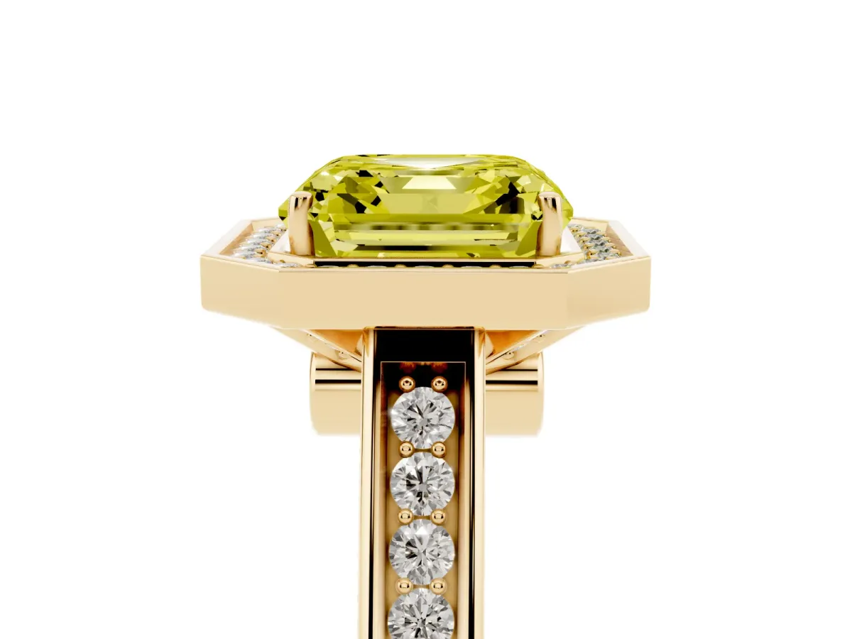 Fancy Yellow Asscher Cut Halo Solitaire Diamond Ring with Pave Band and Bezel Setting Yellow gold