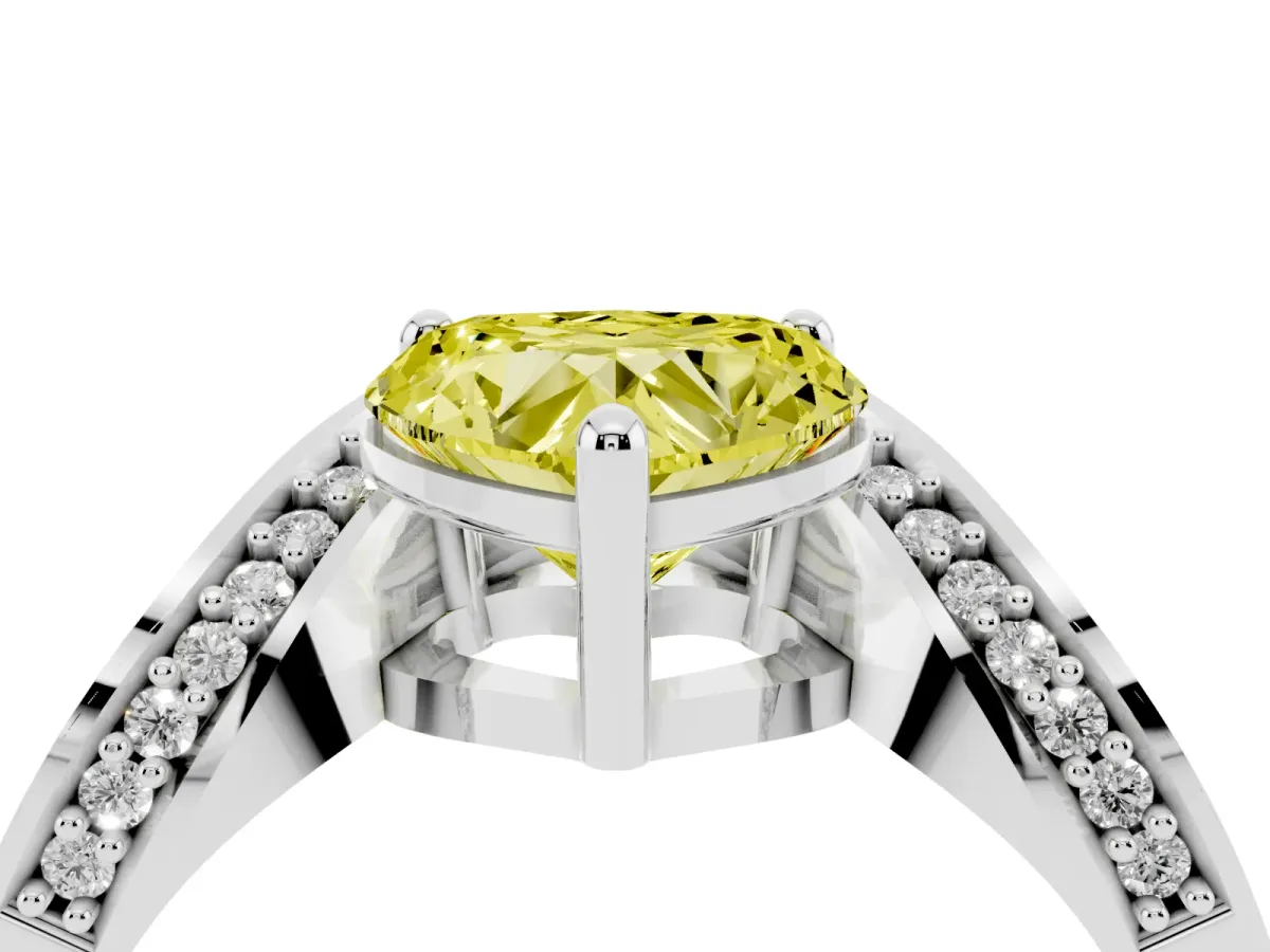 Fancy Yellow Heart Cut Solitaire Diamond Engagement Ring with Pave Band and Four-Prong Setting Silver