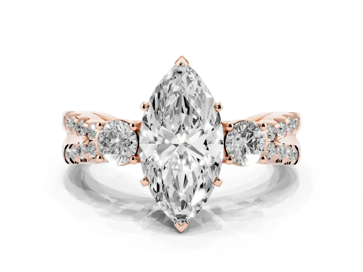 Marquise Cut Diamond Three-Stone Ring with Pavé Split Shank and Four-Prong Setting Rose gold