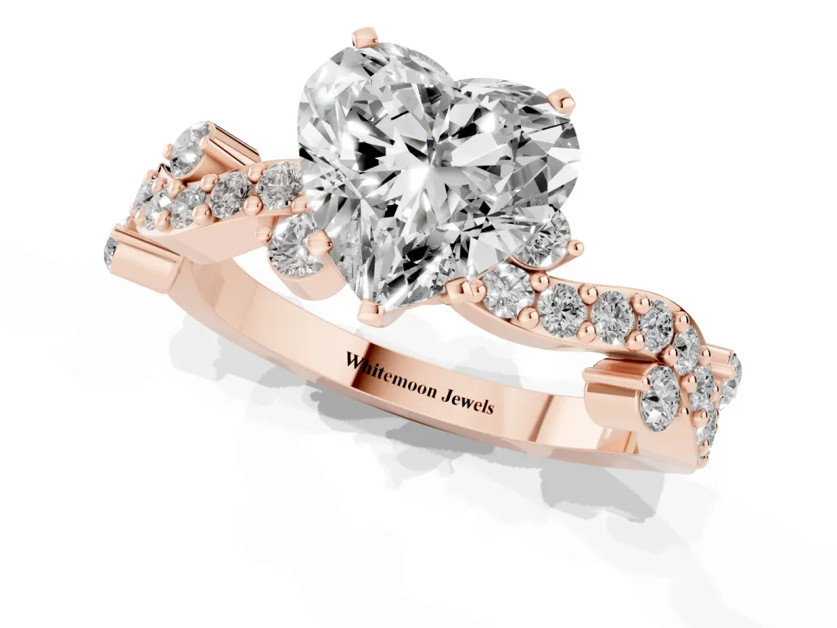 Heart Cut Cut Solitaire Diamond Twisted Band with Pave Setting Rose gold