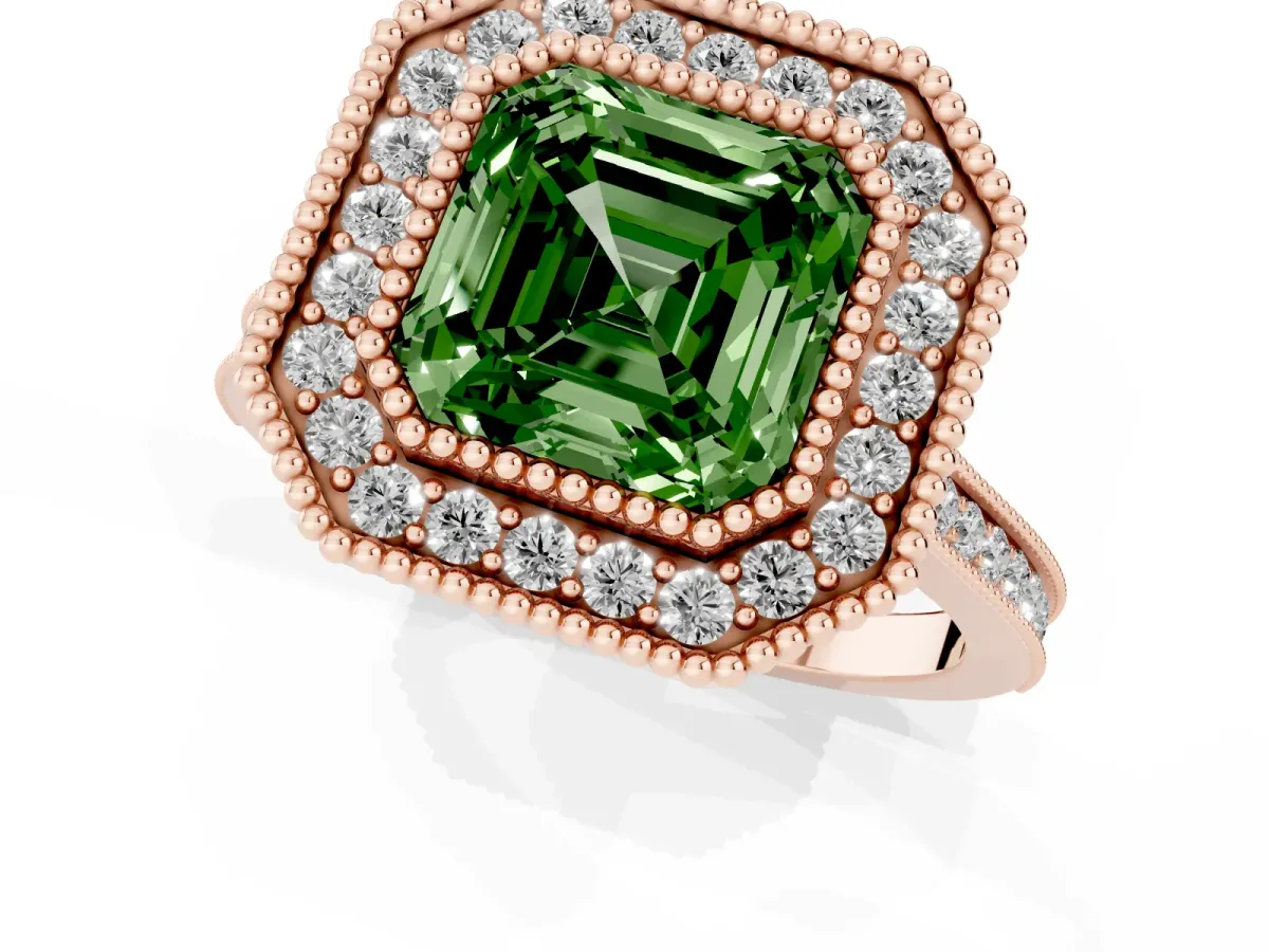 Fancy Green Asscher Cut Diamond Halo Ring with Milgrain Frame and Pavé Band Rose gold