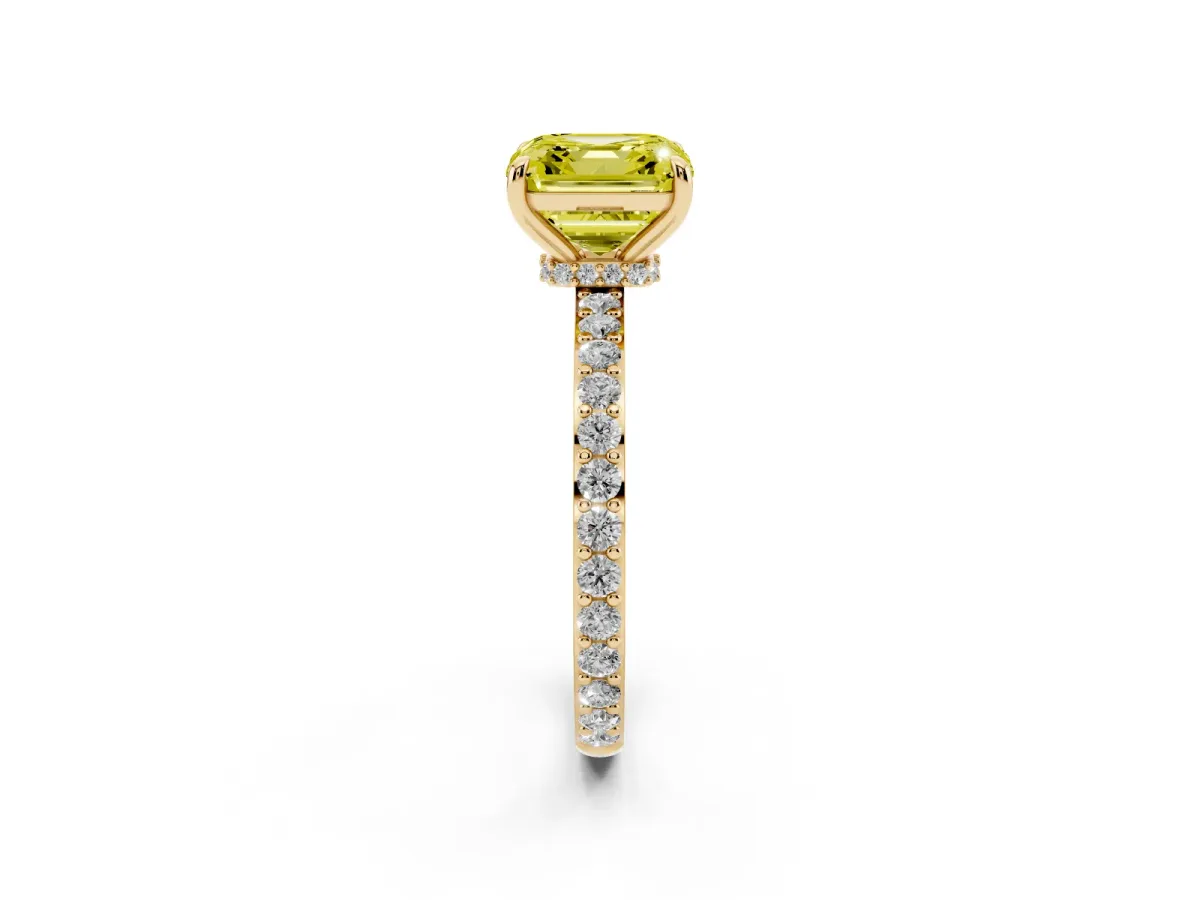 Fancy Yellow Asscher Cut Diamond Solitaire Engagement Ring with Pavé Band and Four-Prong Setting Yellow gold