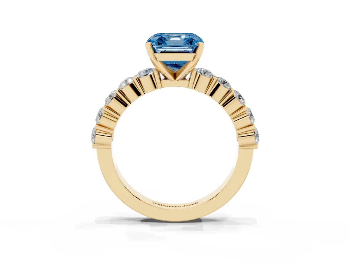 Fancy Blue Asscher Cut Diamond Solitaire Ring with Shared Prong Round Side Stones Yellow gold