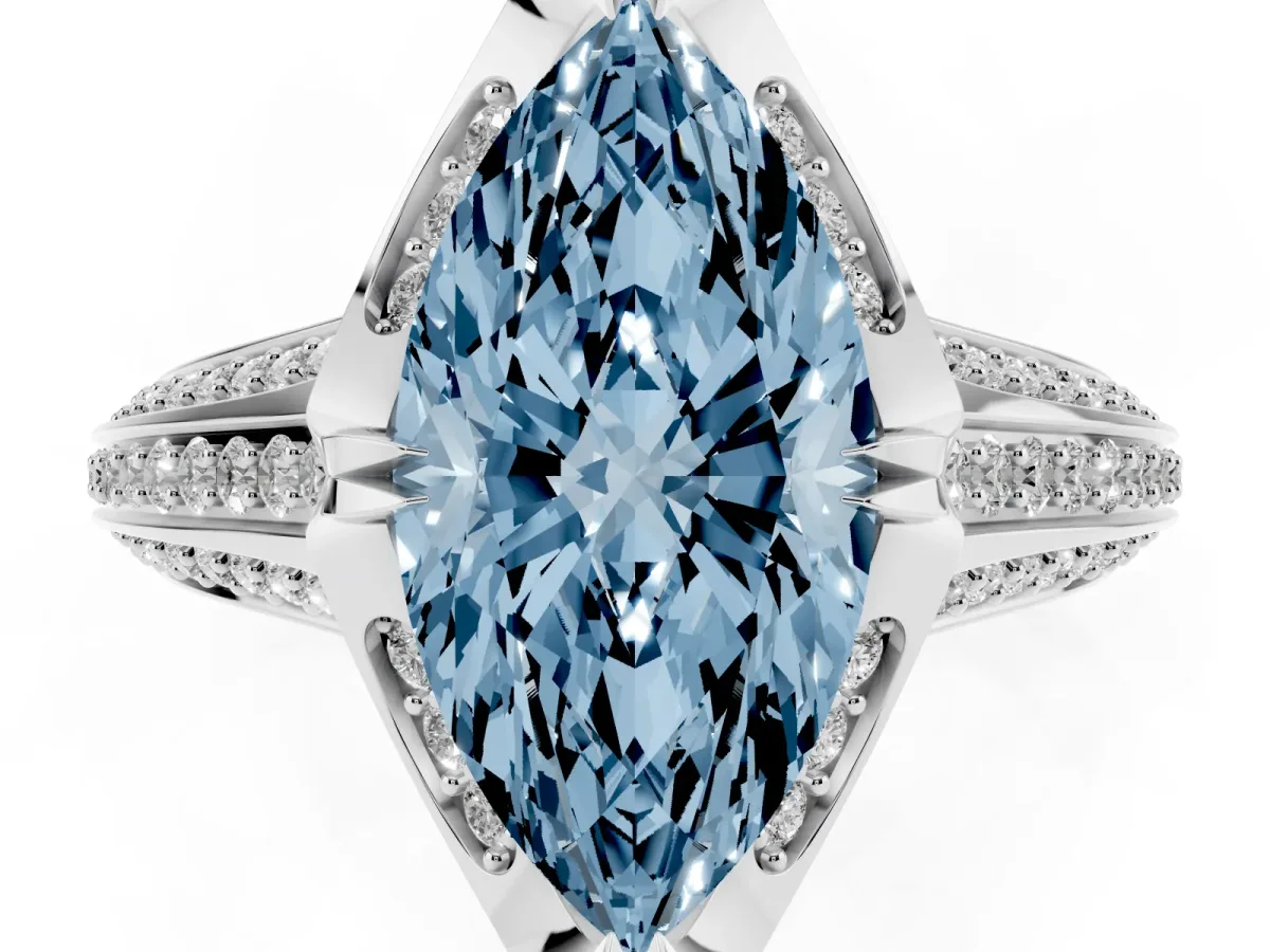 Fancy Blue Marquise Cut Solitaire Pave Split Shank Ring with Four-Prong Setting White gold
