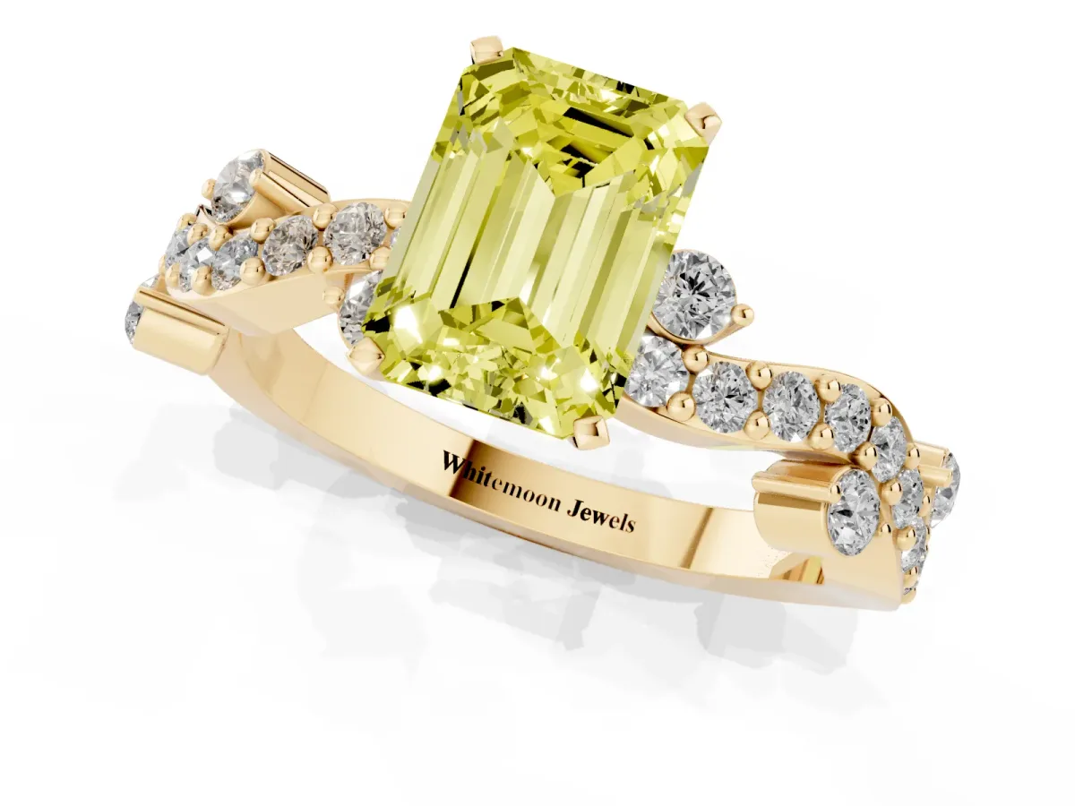 Fancy Yellow Emerald Cut Cut Solitaire Diamond Twisted Band with Pave Setting Yellow gold