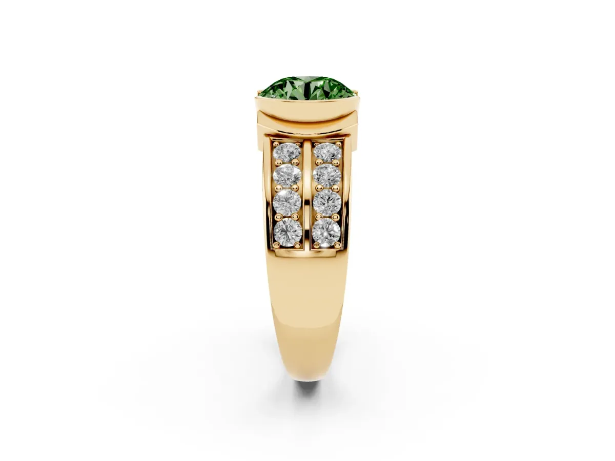 Fancy Green Round Cut Brilliant Diamond Channel Set Wide Band Ring with Bezel Setting Yellow gold