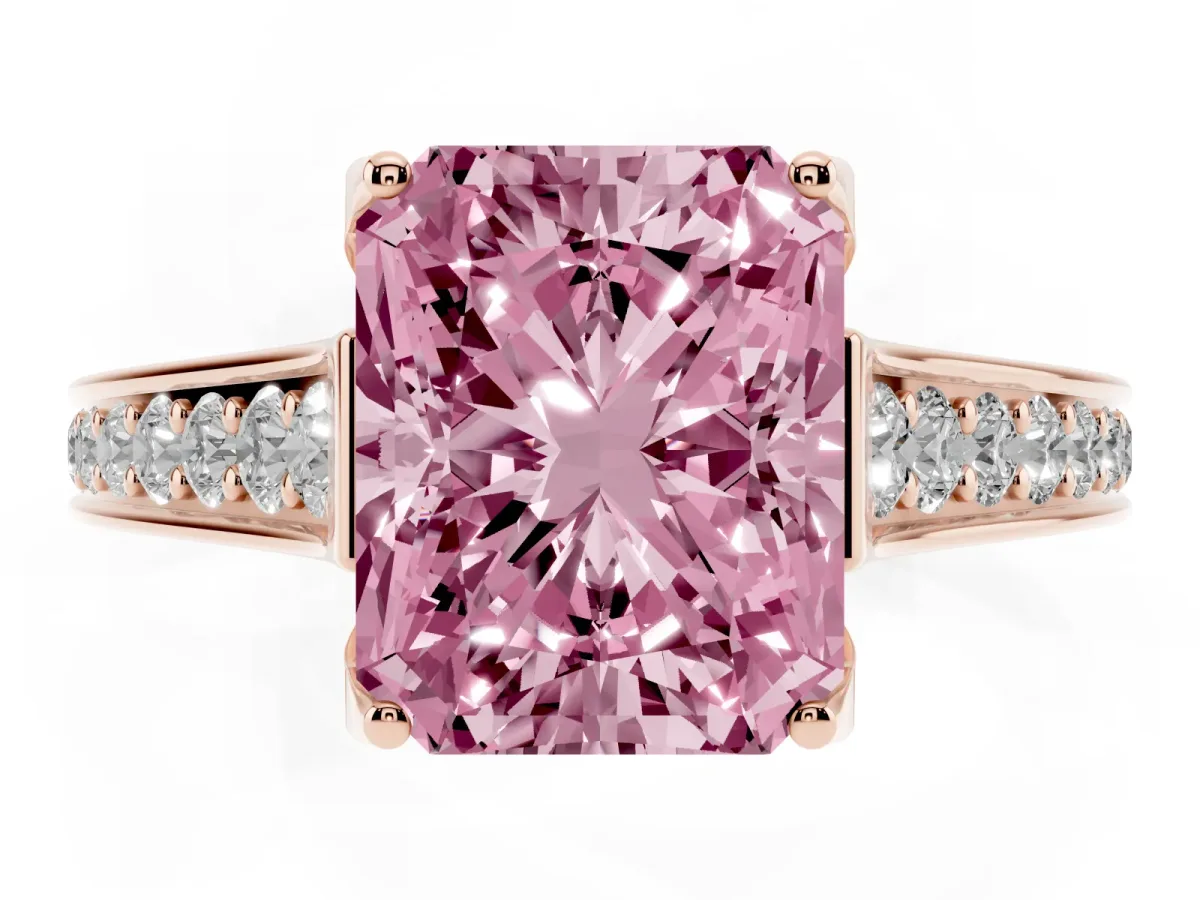 Fancy Pink Radiant Cut Brilliant Cut Diamond Engagement Ring with Pavé Band and Four-Prong Setting Rose gold