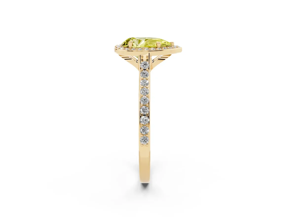 Fancy Yellow Pear Cut Diamond Halo Engagement Ring with Round Pavé Shoulders and Prong Setting Yellow gold