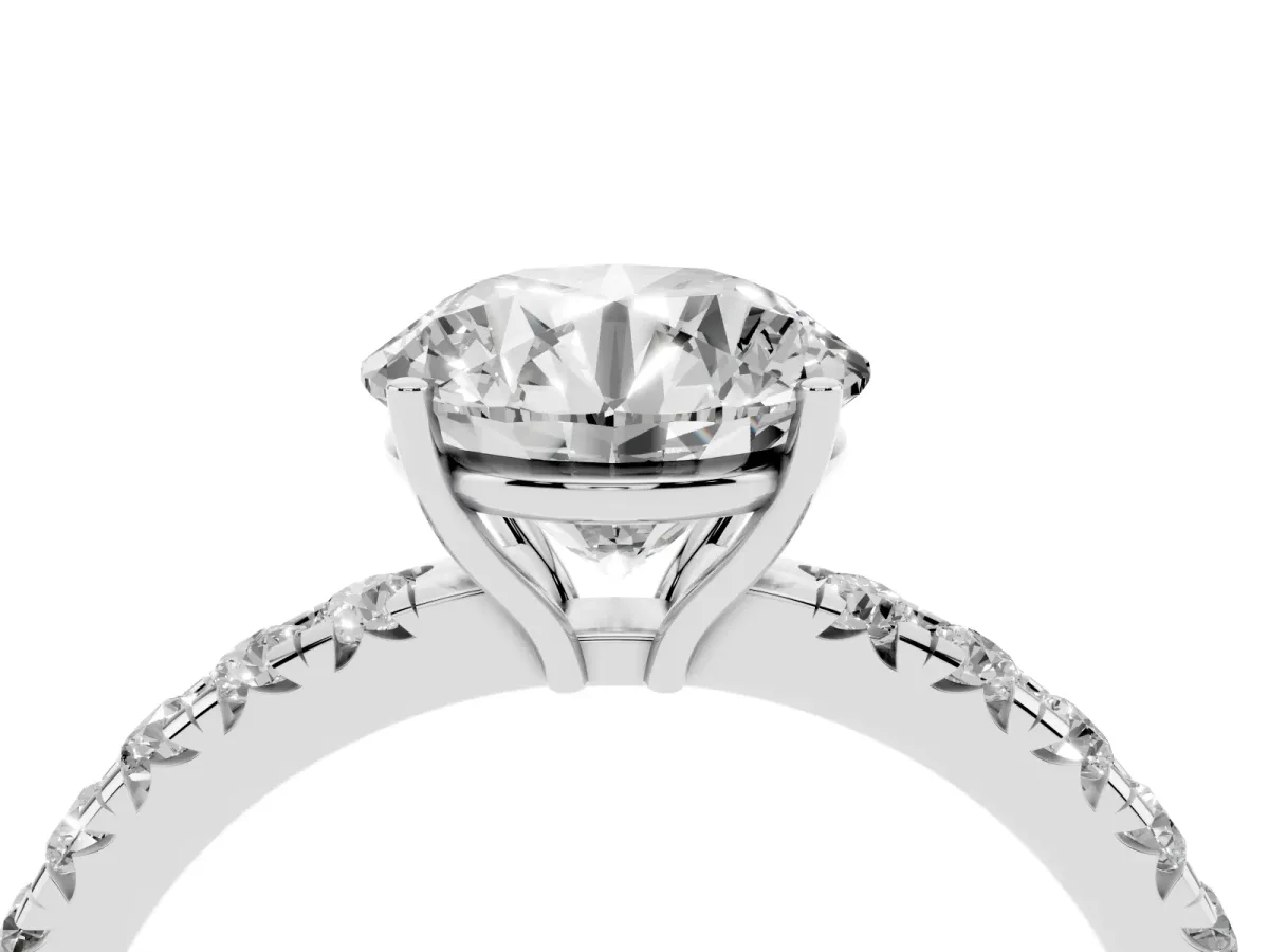 Round Cut Diamond Pavé Solitaire Engagement Ring with Four-Prong Setting Silver