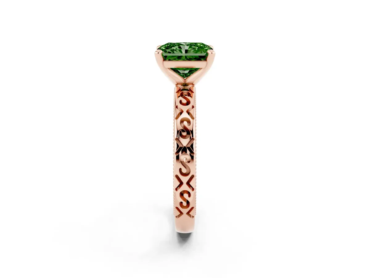 Fancy Green Radiant Cut Solitaire Engagement Ring with Scrollwork Band and Four-Prong Setting Rose gold