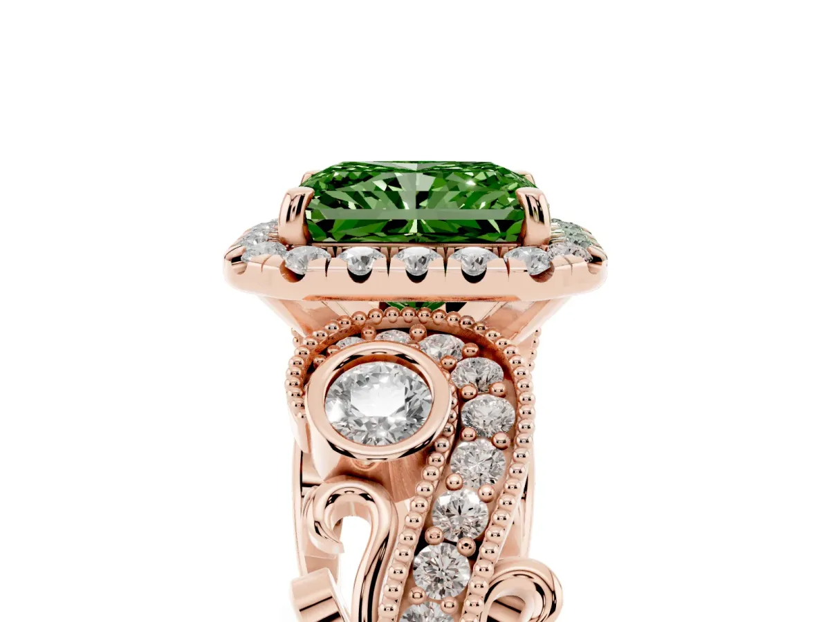 Fancy Green Radiant Cut Halo Diamond Ring with Milgrain and Bezel Accents on a Split Shank Band Rose gold