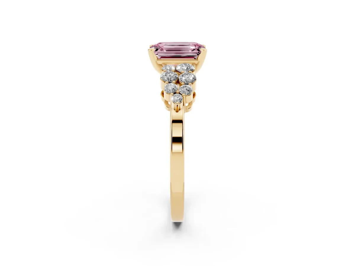 Fancy Pink Emerald Cut Cluster Diamond Engagement Ring with Pavé Band and Four-Prong Setting Yellow gold