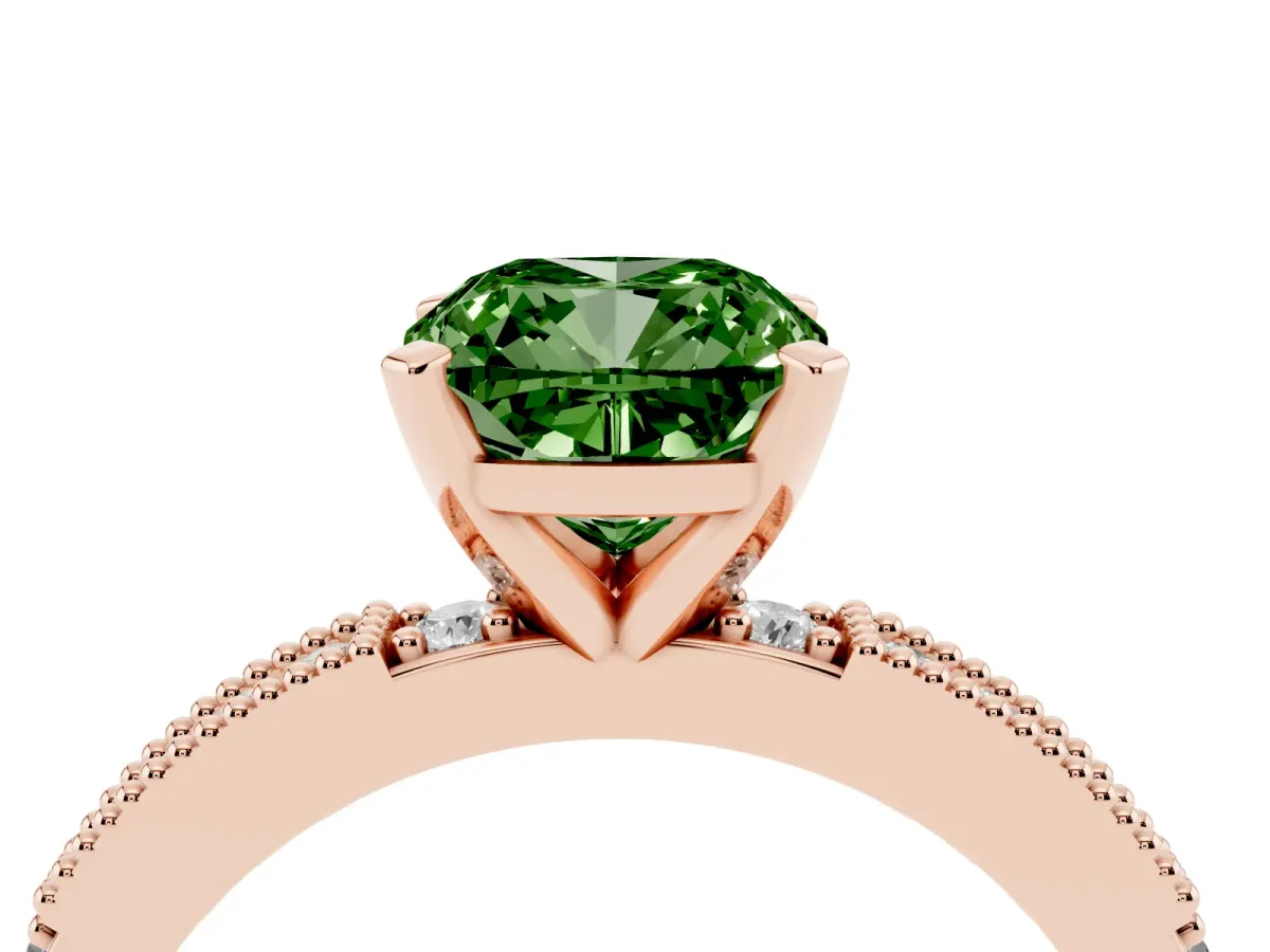 Fancy Green Cushion Cut Solitaire with Pavé Band and Four-Prong Setting Rose gold