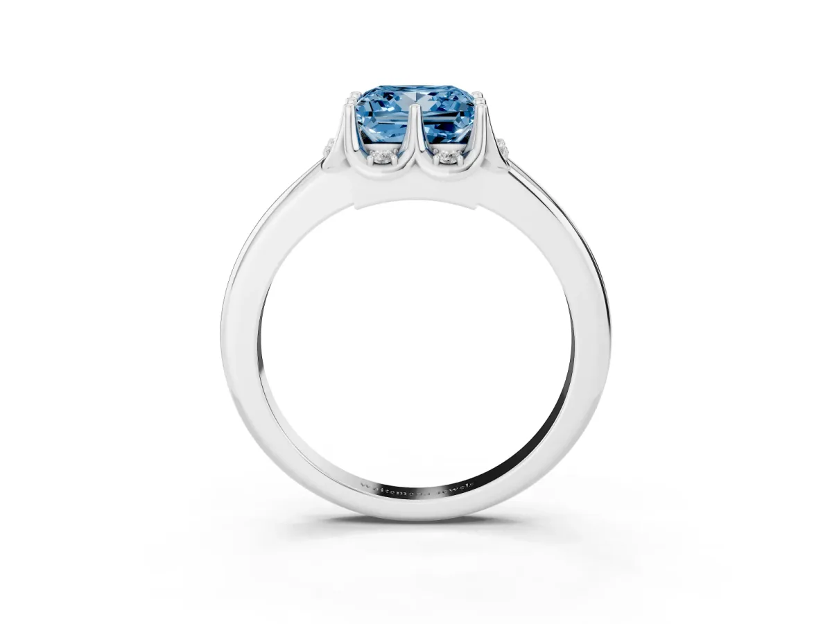 Fancy Blue Princess Cut Halo Diamond Ring with Round Cluster Setting, Solitaire Band, and Four-Prong Setting Silver