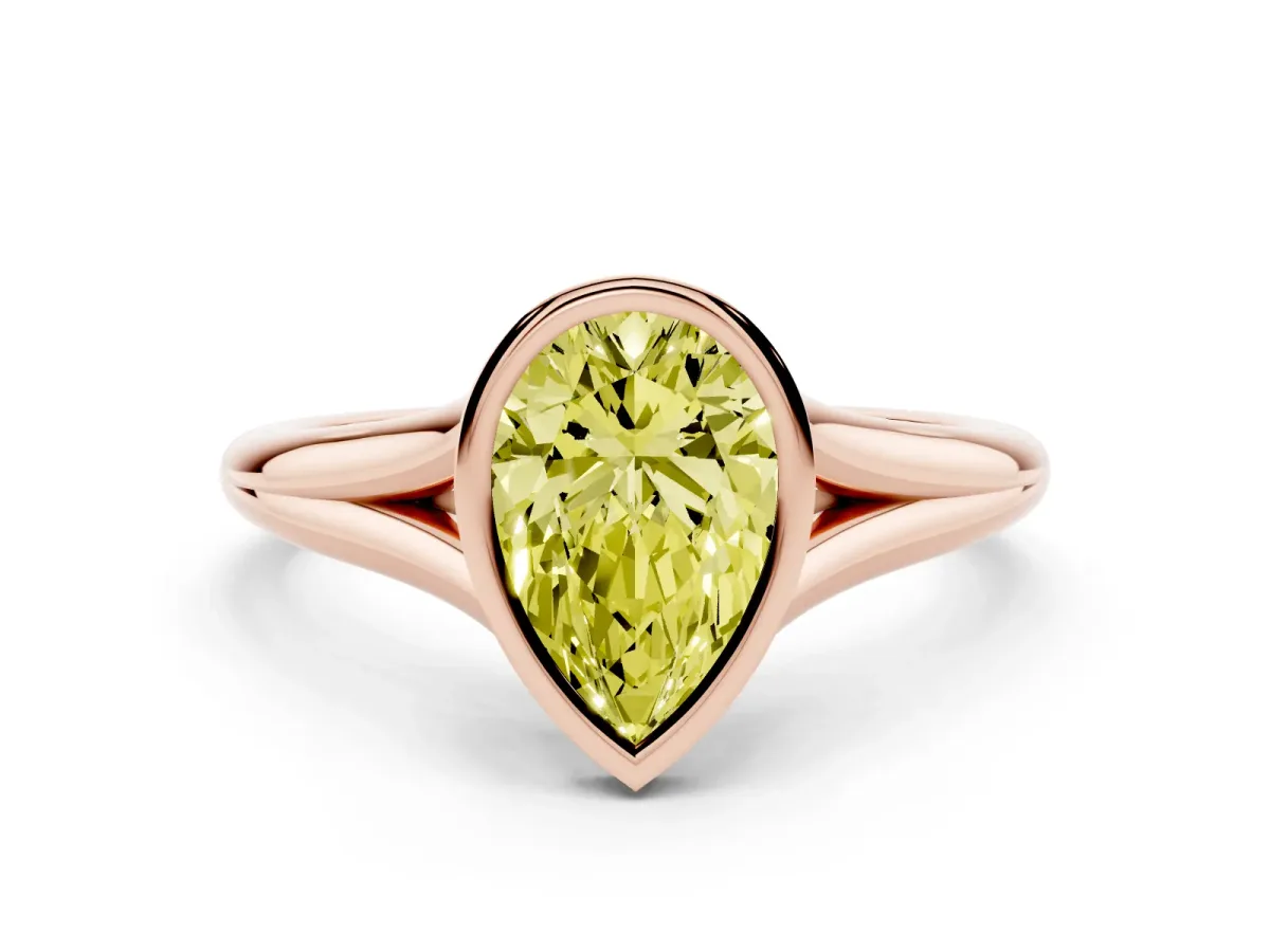 Fancy Yellow Bezel Set Pear Cut Cut Solitaire Ring with Tapered Band Rose gold
