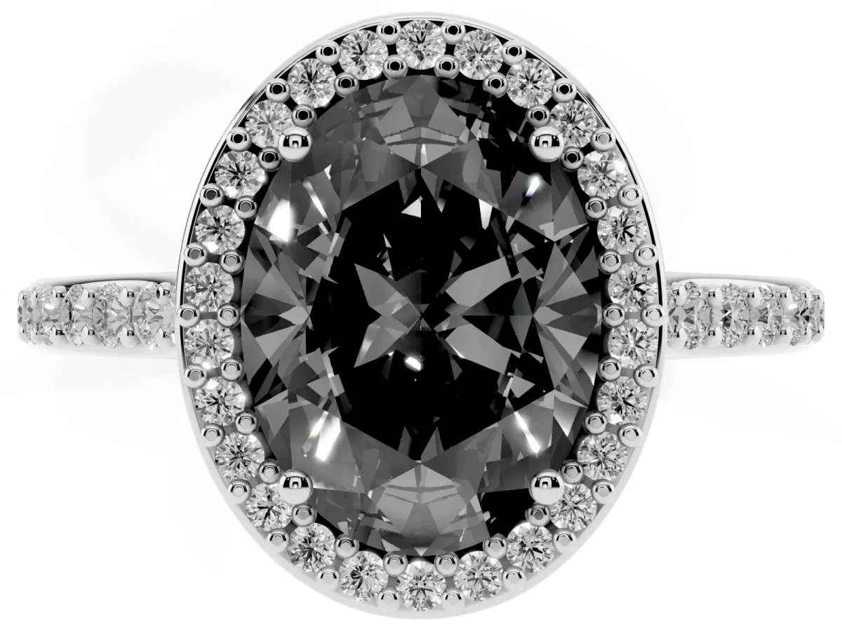 Fancy Black Oval Cut Diamond Halo Engagement Ring with Round Pavé Shoulders and Prong Setting Platinum