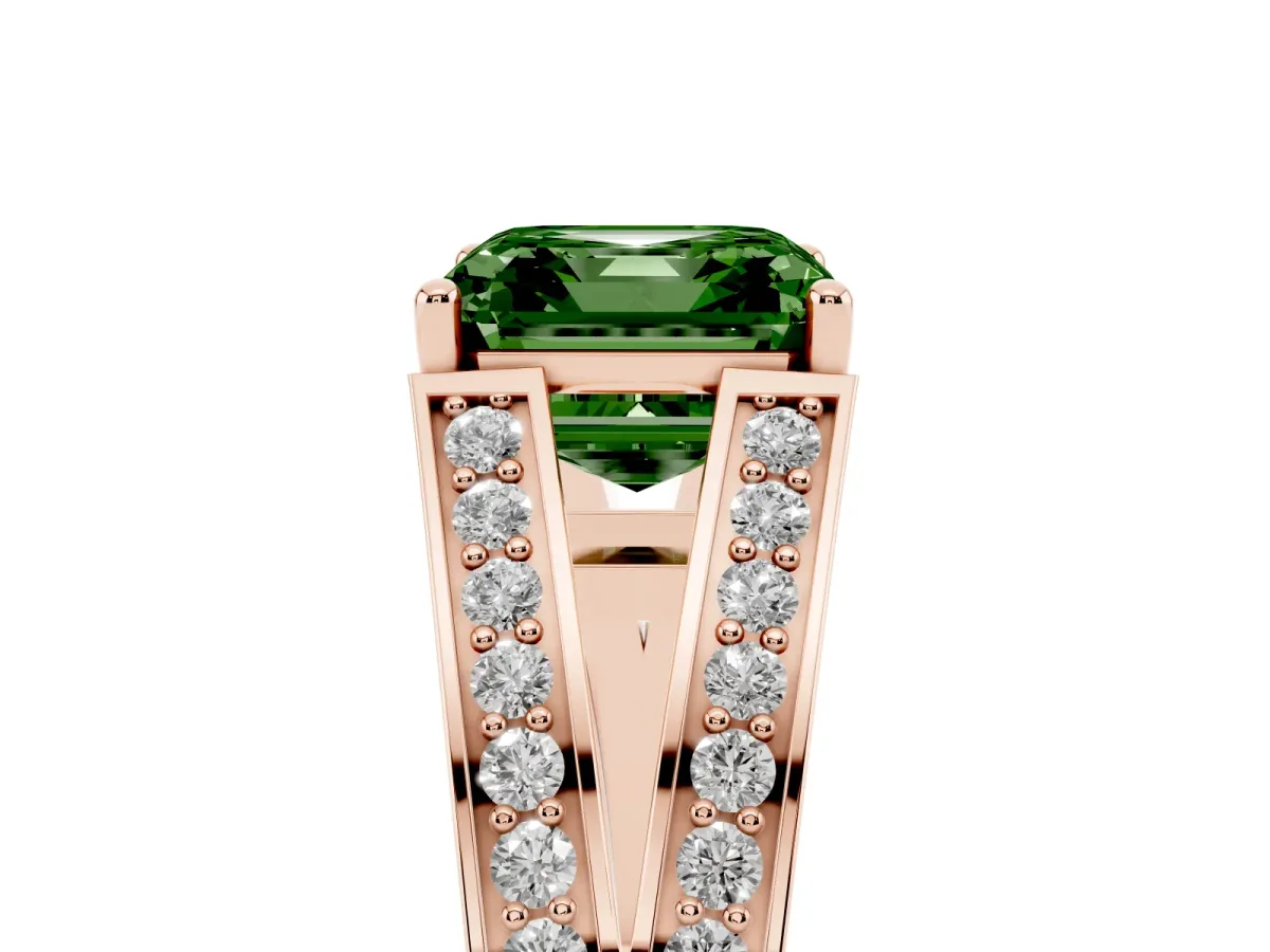 Fancy Green Asscher Cut Diamond Split Shank Ring with Pavé Band and Four-Prong Setting Rose gold