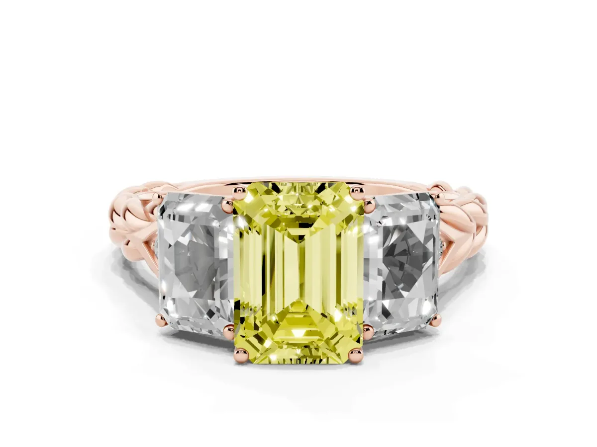 Fancy Yellow Three-Stone Emerald Cut Diamond Braided Band Ring with Four-Prong Setting Rose gold