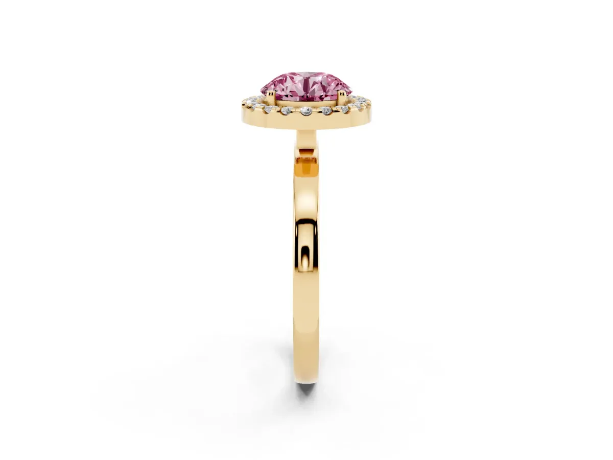 Fancy Pink Round Cut Halo Diamond Solitaire with Pavé Band and Four-Prong Setting Yellow gold