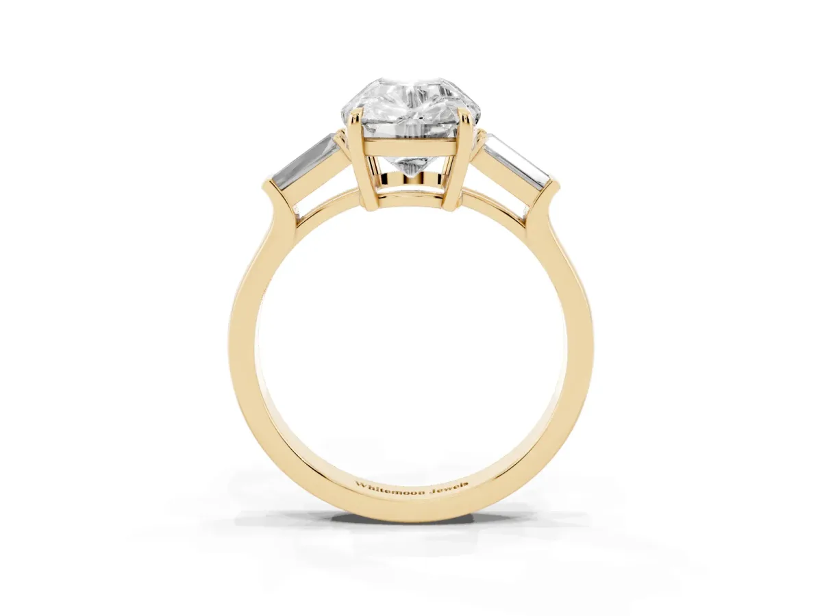 Old Mine Elongated Cushion Diamond with Side Tapered Baguette Three Stone Ring Yellow gold