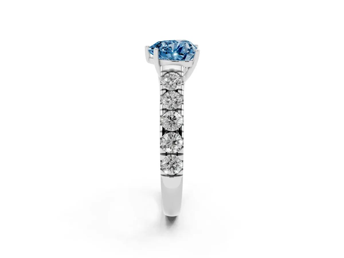 Fancy Blue Heart Cut Cut Diamond Solitaire Ring with Micro Pave Band and Prong Setting Silver