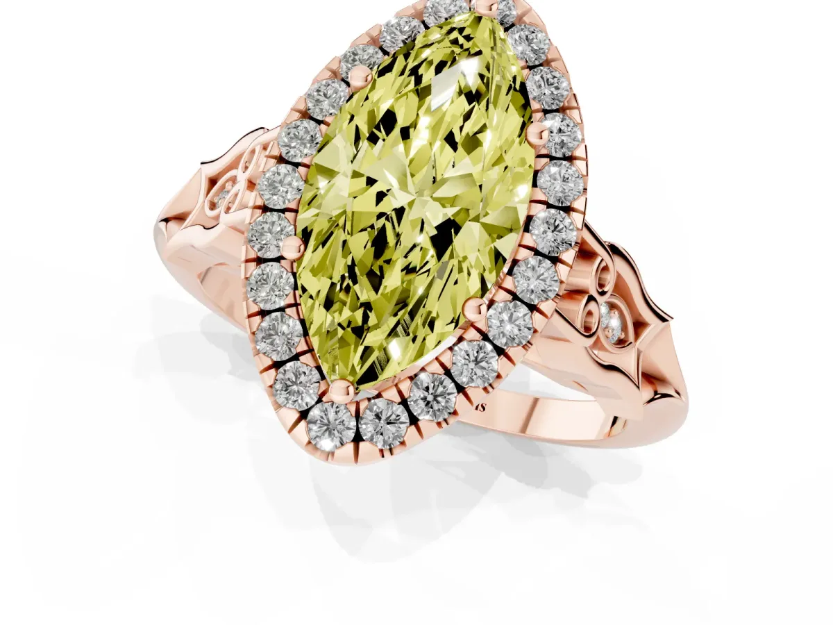 Fancy Yellow Marquise Cut Halo Diamond Engagement Ring with Filigree Band and Four-Prong Setting Rose gold