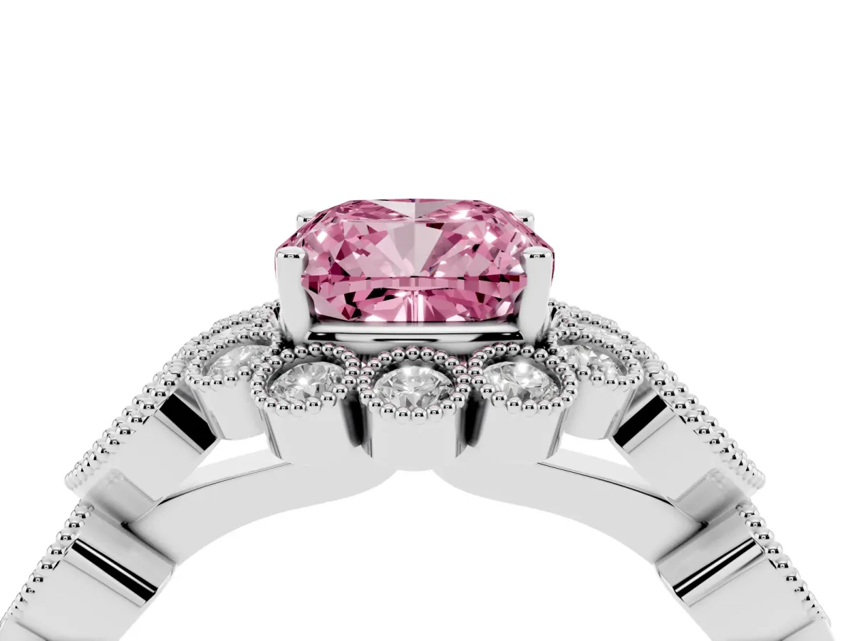 Fancy Pink Cushion Cut Brilliant Milgrain Pave Heart Band Solitaire Ring Silver