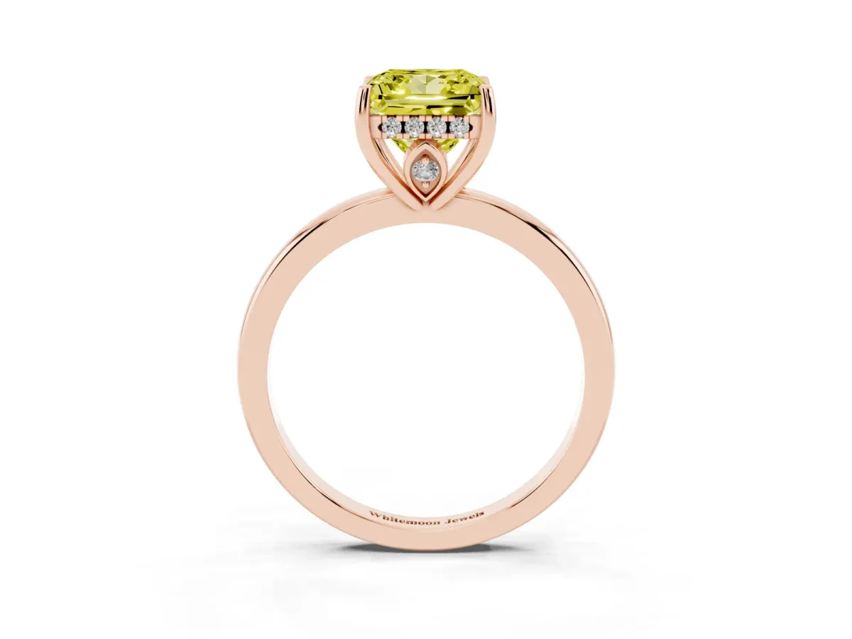 Fancy Yellow Princess Cut Solitaire Diamond Ring with Prong Setting and Plain Band Rose gold