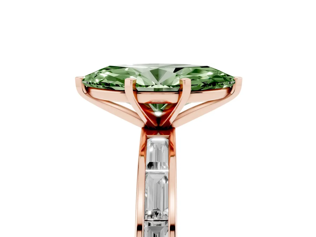 Fancy Green Marquise Cut Solitaire Diamond Ring with Channel-Set Baguette Band and Four-Prong Setting Rose gold