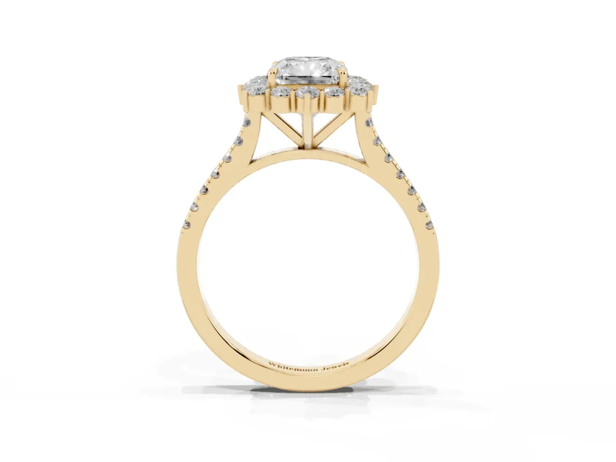 Radiant Cut Halo Diamond Ring with Pavé Band and Prong Setting Yellow gold