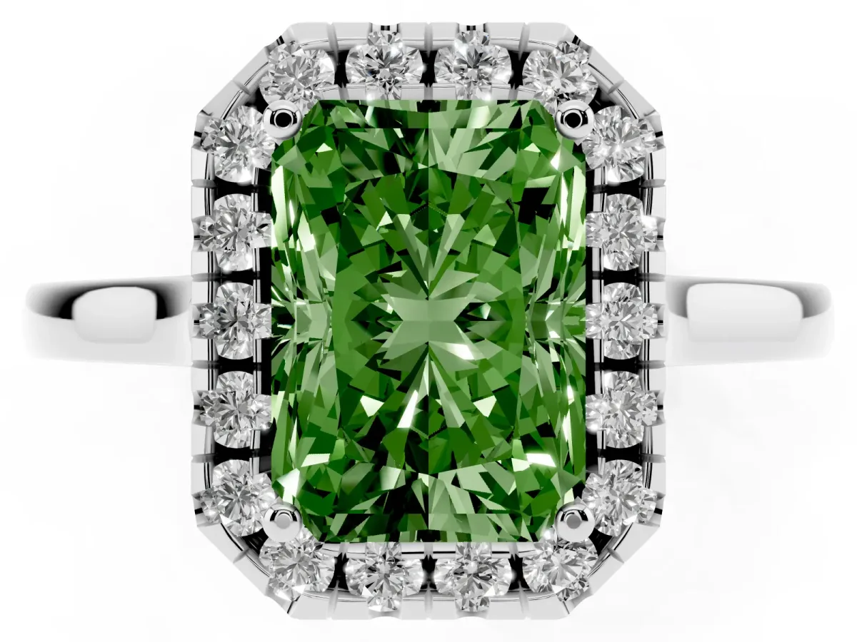 Fancy Green Radiant Cut Halo Round Diamond Solitaire Ring with Pavé Band and Four-Prong Setting Silver