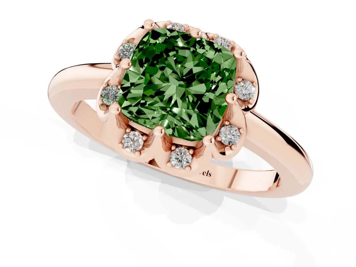 Fancy Green Cushion Cut Halo Diamond Ring with Round Cluster Setting, Solitaire Band, and Four-Prong Setting Rose gold