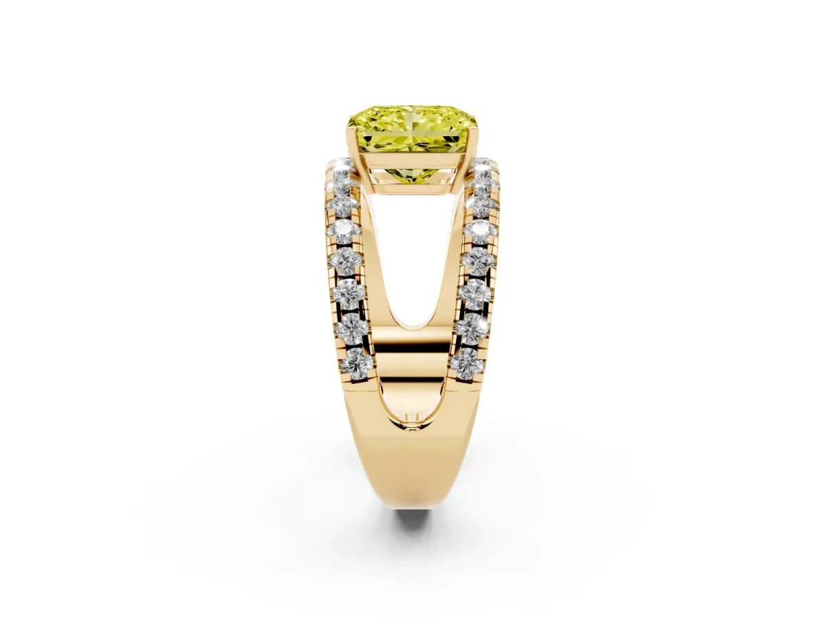 Fancy Yellow Radiant Cut Solitaire Split Shank Pave Diamond Ring Yellow gold