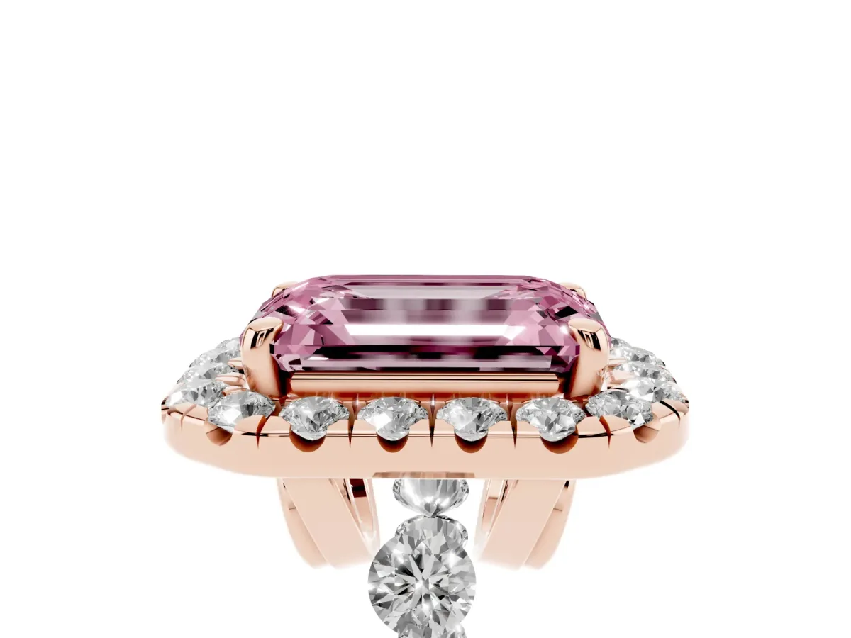 Fancy Pink Emerald Cut Halo Pavé Diamond Engagement Ring with Four-Prong Setting Rose gold