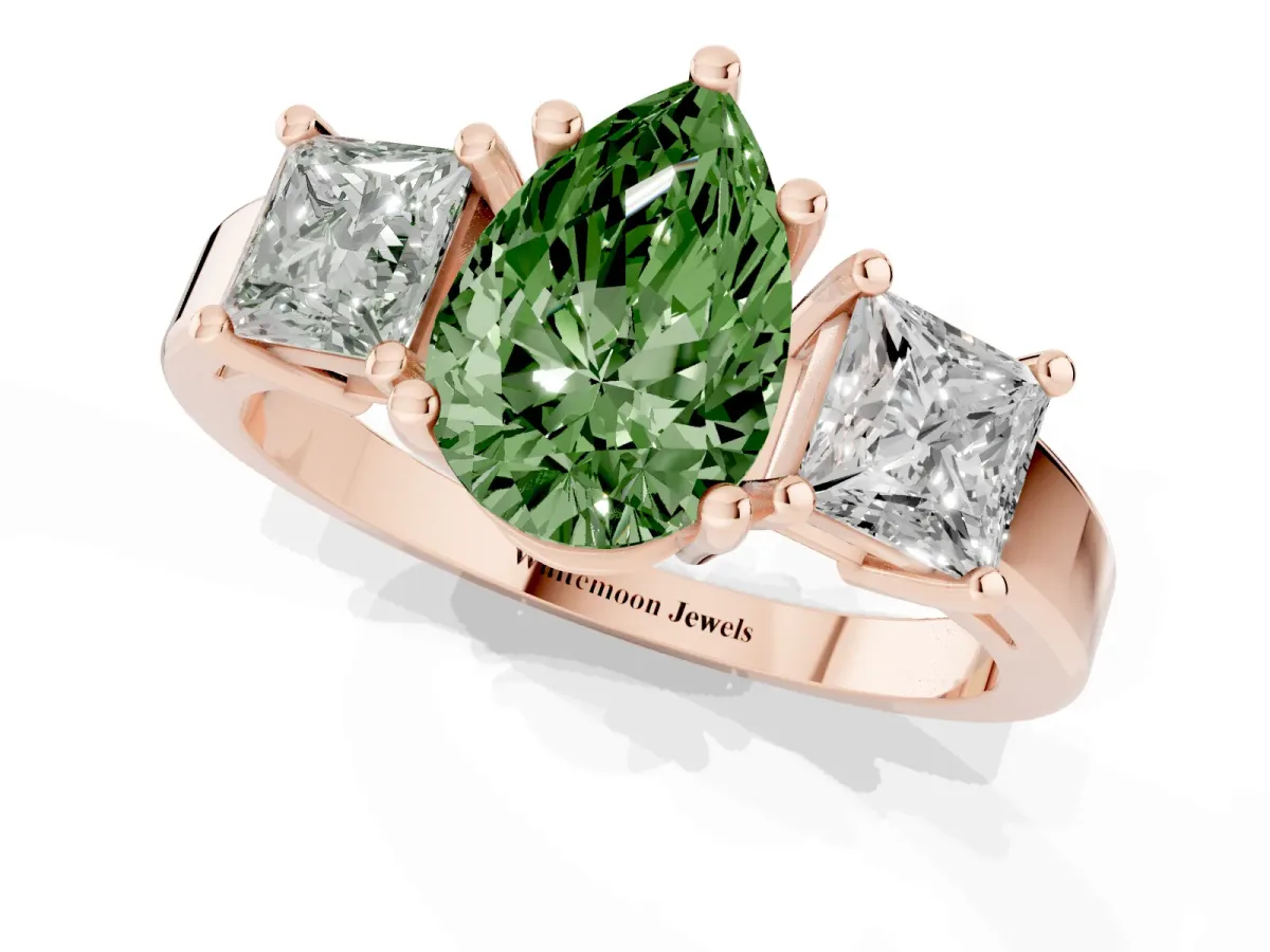 Fancy Green Three-Stone Pear Cut Cut Solitaire Ring with Prong Setting Rose gold