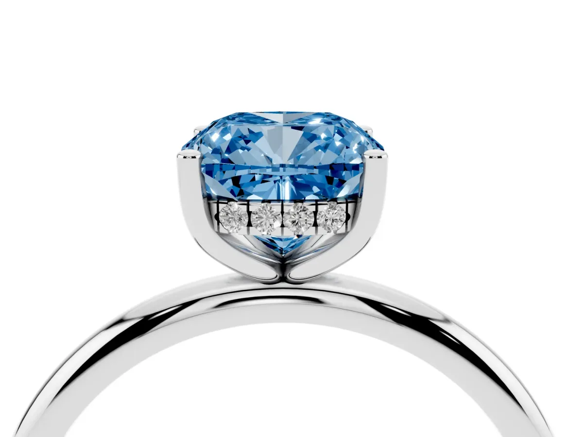 Fancy Blue Cushion Cut Cut Solitaire Engagement Ring with Four-Prong Setting and Classic Band White gold