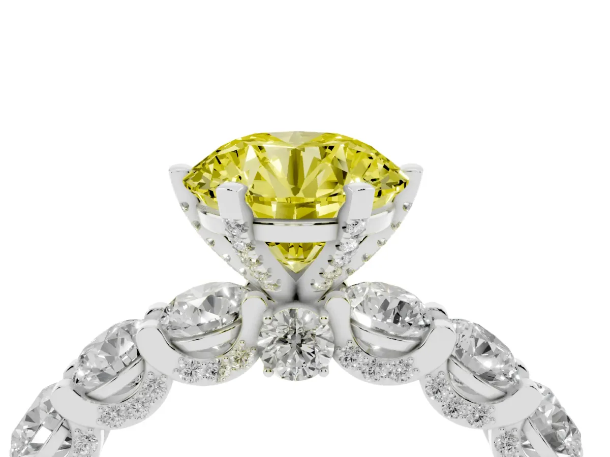 Fancy Yellow Round Cut Diamond Side Stone Engagement Ring with Four-Prong Setting Platinum