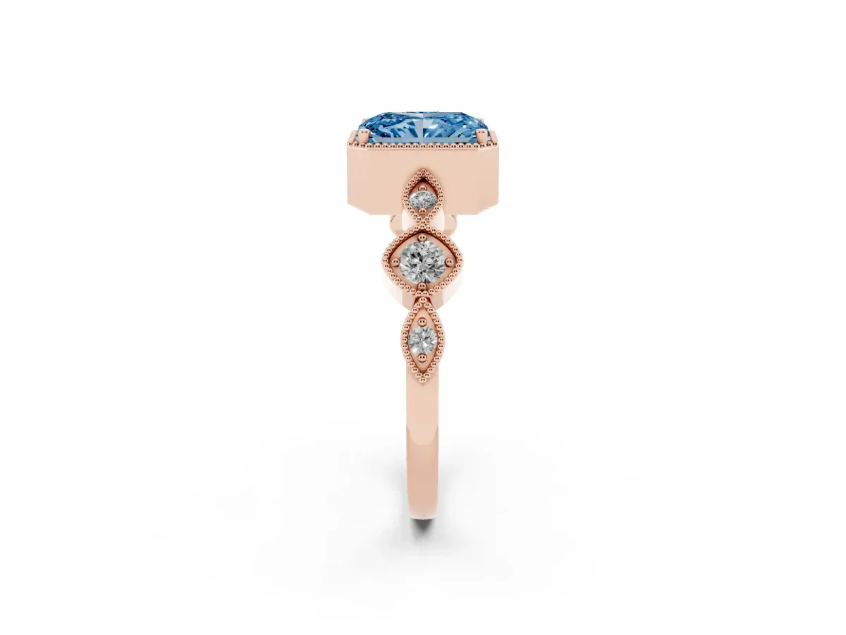 Fancy Blue Radiant Cut Diamond Vintage Milgrain Ring with Round Stations Rose gold
