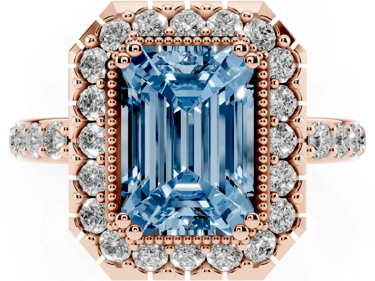 Fancy Blue Emerald Cut Diamond Halo Ring with Pavé Band and Prong Setting Rose gold