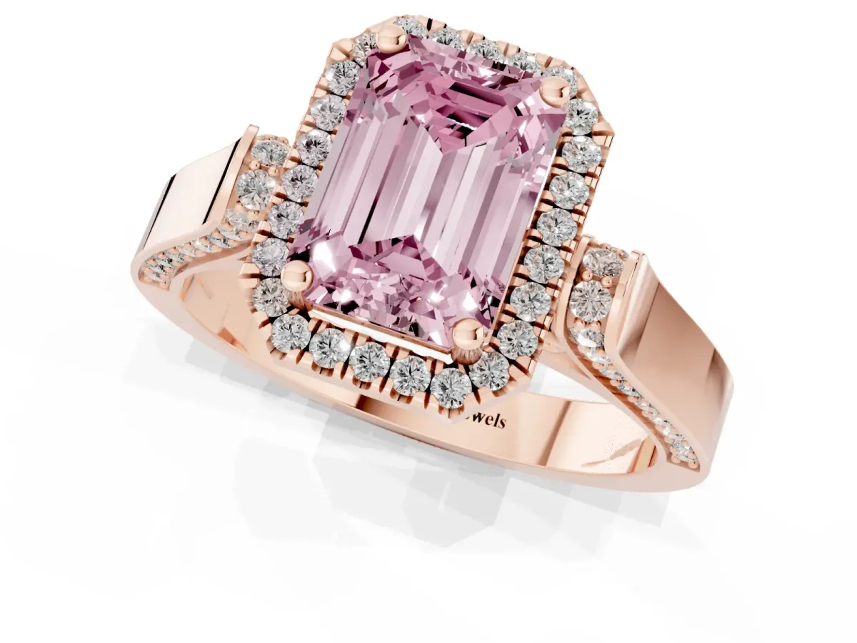 Fancy Pink Emerald Cut Halo Round Diamond Twist Band with Four-Prong Setting Rose gold