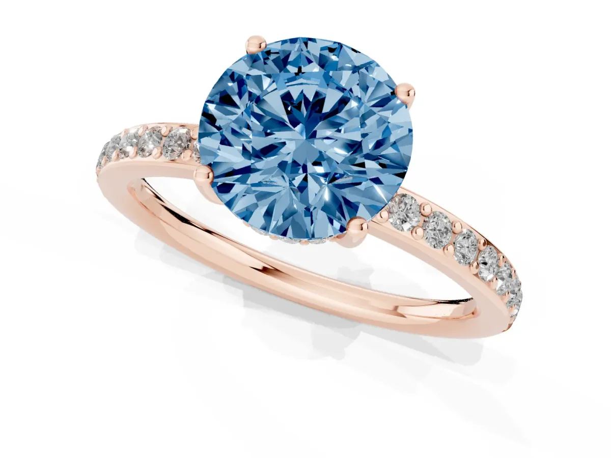 Fancy Blue Round Cut Cut Diamond Pavé Band Ring with Four-Prong Setting Rose gold