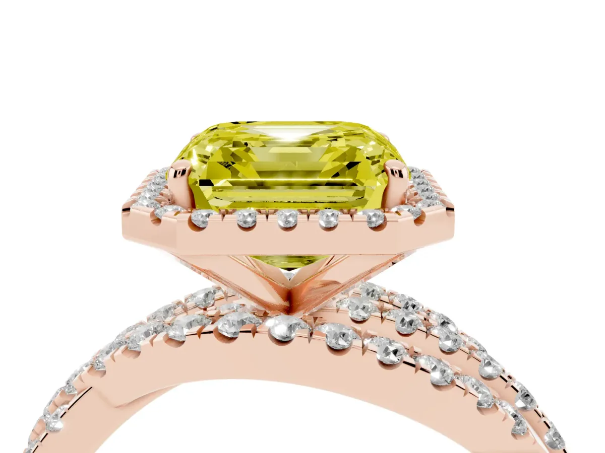 Fancy Yellow Asscher Cut Diamond Halo Ring with Round Split Shank and Prong Setting Rose gold